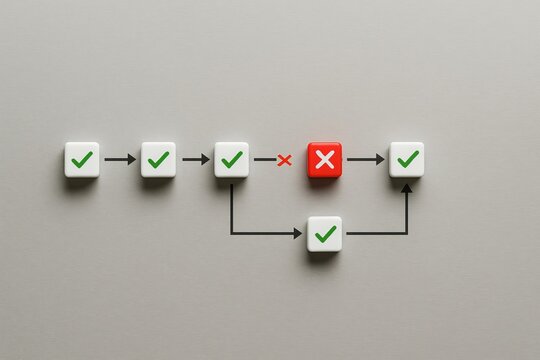 Process Workflow Diagram Showing Success Failure Steps Red Cross Green Checkmarks White Cubes Minimalist Business Strategy Planning Project Management Chart Graphic Design Illustration goal path error