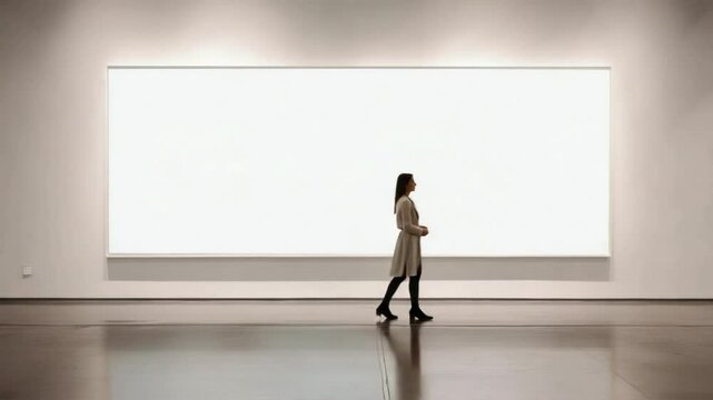 Large blank white canvas in an art gallery with a woman standing beside it, observing the artwork, empty wall, artistic space, and exhibition hall for showcasing art