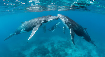 Fototapeta premium Underwater Encounter: Humpback Whales' Gentle Embrace