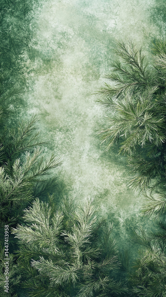 Poster green pine branches frame a textured green background, suggesting a serene forest scene, ideal for n