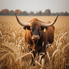 Potrait of huge Ox having a photo shoot in the center of wheat field AI Generated Image