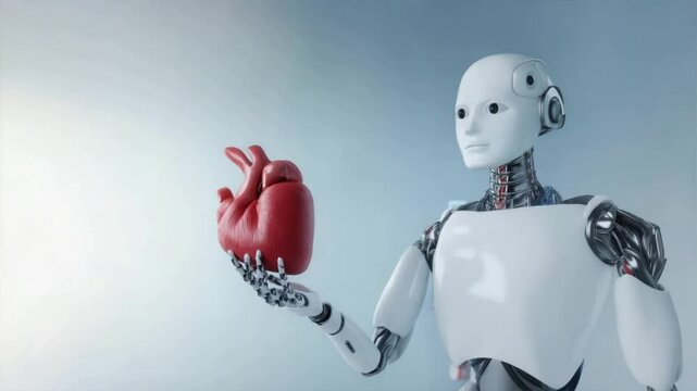 Ai robot holding anatomically correct human heart shows realistic approach in surgical robotics, robotic surgery precision, and advanced ai healthcare skills