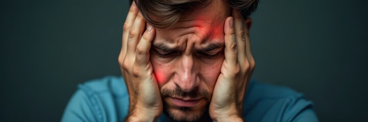 Fototapeta premium Head in hands, pained expression, stressed features, frustration, upset