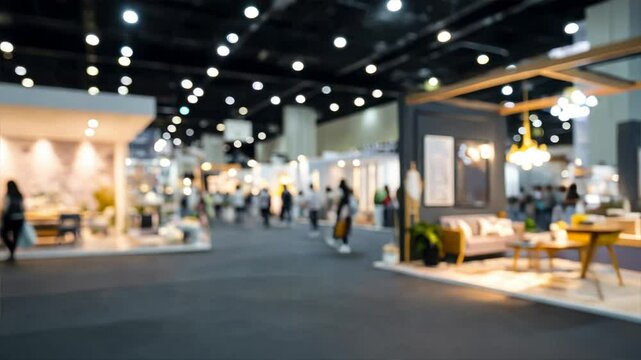 Blurred background of an exhibition hall with interior design, showcasing modern displays, booth setups, and visitors walking around during an expo event