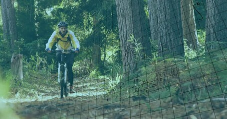Male cyclist riding narrow forest trail, showcasing semi-transparent math grid overlay in education - Powered by Adobe