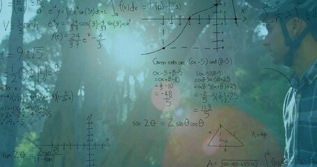 Helmeted cyclist pausing in woods, with floating math graphs and equations showing STEM learning - Powered by Adobe