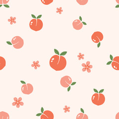 Seamless pattern of peach fruit with green leaves and flower on pink background vector.