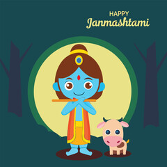 Happy Janmashtami: Depicting the divine celebration with a child-like depiction of the lord. The illustration radiates joy. 