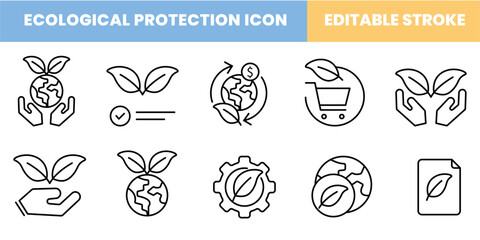 Ecological protection icon set, symbol of carbon and eco-friendly shopping, customizable stroke, vector, illustration