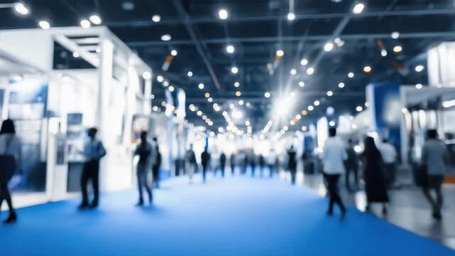 Background of an exhibition fair with expo event, featuring displays, booths, and visitors in a crowded hall environment, perfect for showcasing trade shows and public exhibitions