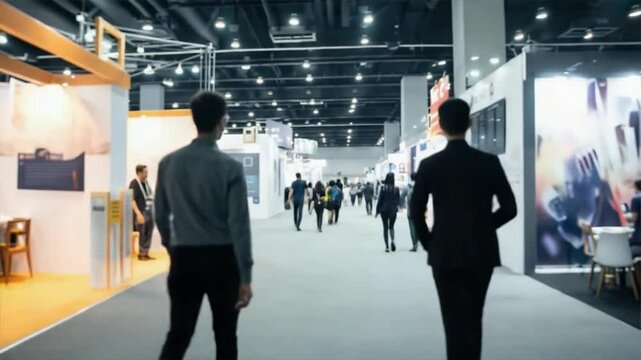 Blurred background of an exhibition fair with people walking around and expo event, capturing a busy atmosphere with visitors exploring booths in a crowded hall