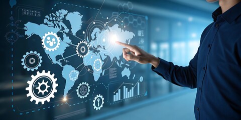 A businessman's hand uses future technology to touch a virtual button on a digital screen, pressing a social network icon for global business communication