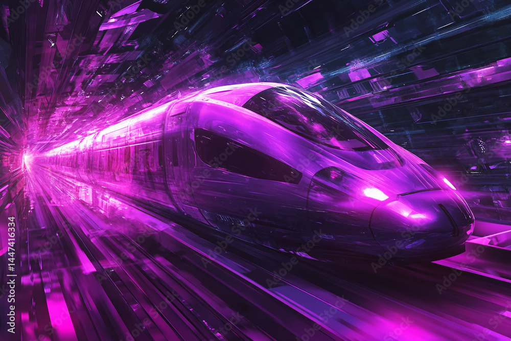 Poster purple high-speed train speeding through a neon tunnel, dynamic motion blur effect, symbolizes techn