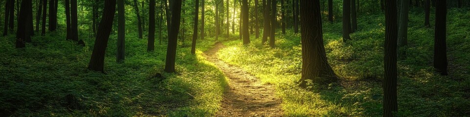 Fototapeta premium Nature Trail. Forest Pathway with Sunlight Filtering Through Trees