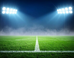 Obraz premium stadium, soccer, sports, field, lights, spotlight, fog, textured, game, night, grass, football, match, arena, competition, turf, crowd, illumination, glow, mist, play, atmosphere, energy, excitement, 