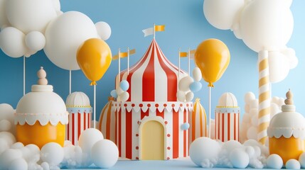 Colorful Carnival Scene with Tent, Balloons, and Clouds in Background