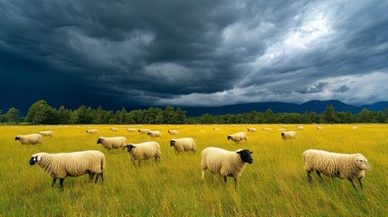 Obraz premium Sheep graze in a field beneath a stormy sky.
