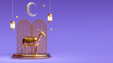 Eid Al Adha Mubarak greeting video loop. Islamic theme background with golden goat, moon, ornamental elements and copy space in 3D animation for muslim festival celebration