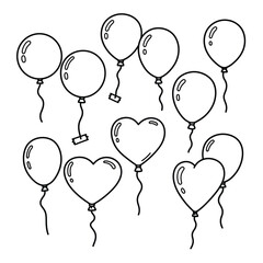 Vector balloons icon set in linear style, isolated on white background. Balloon compositions for different parties