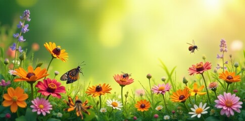 Wildflower border, diverse insects, sunlit meadow scene , insects, close-up