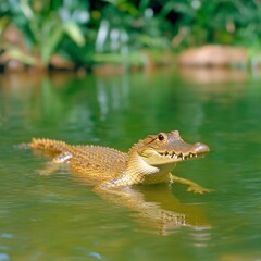 Fototapeta premium Young Alligator Swimming in Calm Water Surrounded by Greenery