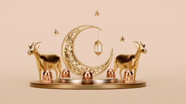 Eid Al Adha Mubarak looping video background. Islamic theme with golden goats, moon, ornamental elements and copy space in 3D animation for muslim festival celebration