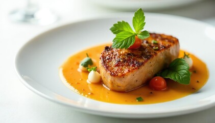 Elegant gourmet meal, pristine white backdrop, still life, recipe