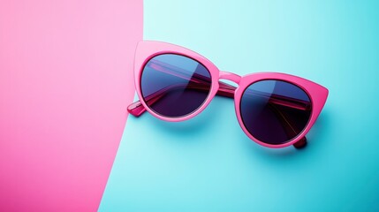 Pink cat-eye sunglasses on a pink and blue background.