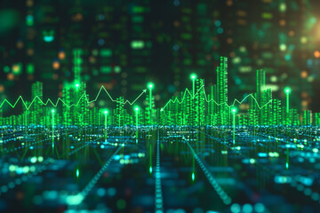 Fototapeta premium A 4K template showcasing an empty bullish market with vibrant glowing green background, glow green trading candles, up arrows, and symbolizing financial growth and market prosperity 