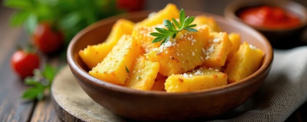 Crispy polenta fries, parmesan, thyme Bamboo bowl, tomato sauce , homemade, cooking, polenta fries