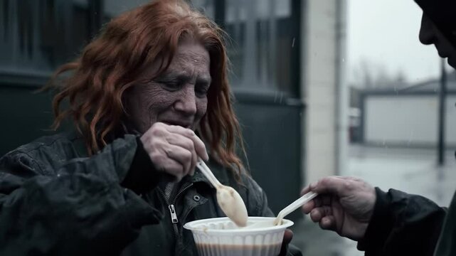 In a city on a rainy day, a kind stranger offers a warm meal to a visibly grateful woman. This act of compassion highlights community support for those in need.