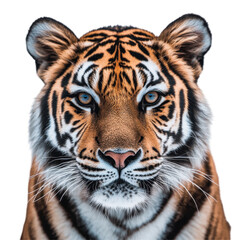 Obraz premium Majestic tiger face with intense gaze captured in a studio setting during daylight