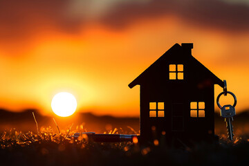 Against backdrop of the breathtaking sunset, the captivating silhouette of the house figure with the key the pen adorned with the keychain evokes the sense of hope excitement, symbolizing dreams of ho
