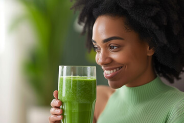 A black woman promotes health, diet, and detox by consuming a protein rich smoothie for breakfast, while a persons face and a glass of green juice symbolize nutrition, weight loss, vitamins, and suppl