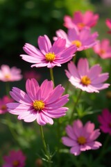Obraz premium Lush pink cosmos flowers thriving in a garden setting, natural sunlight highlighting the petals , background, garden, flowers