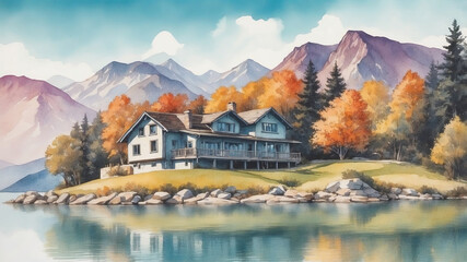 Fototapeta premium Watercolor painting of a lakeside house surrounded by vibrant autumn colors with mountains.