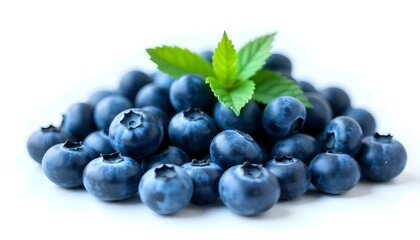 Fototapeta premium pile of ripe fresh blueberries with mint leaves isolated on white