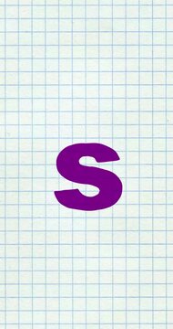 S letter small forming cartoon color vertical animation. Compatibile part of alphabet serie on exercise book grid background. Hand drawn bold educational style for children presentation, learning.
