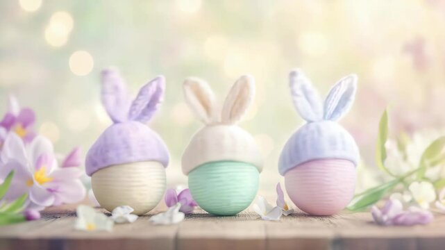 Colorful knitted eggs with bunny ears showcased in a spring setting with flowers and soft lighting