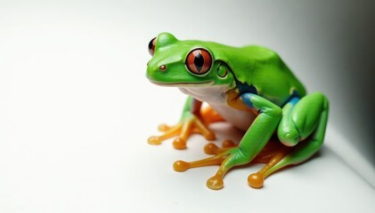 Obraz premium Green tree frog perched on white, vibrant skin, fauna, vibrant