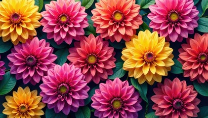 Fototapeta premium Intricate dahlia blooms, vibrant colors, repeating pattern, art, wallpaper