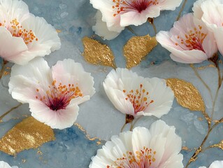 Elegant watercolor flowers in soft white and blush pink with golden leaves on a blue textured background, creating a luxurious and delicate floral pattern.