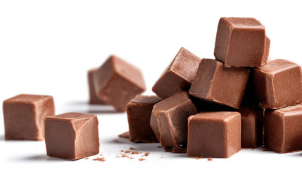 Chocolate squares piled high on white background.  Close-up view of rich, dark brown cubes