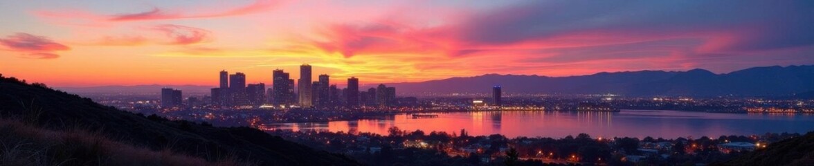 Fototapeta premium Panoramic view of Salt Lake City skyline at sunset, view, twilight