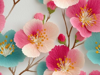seamless pattern  of delicate cherry blossoms in pink, red and blue with golden stamens on textured paper, creating a soft and elegant floral pattern.