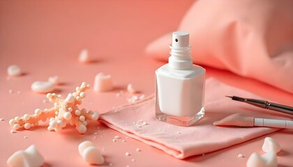 High angle view of bottle of white nail polish with manicure instruments on coral