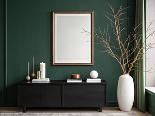 A stylish black sideboard with a white lamp, gold-edged books, metallic vases, and a candle sits against a deep green paneled wall in a sophisticated interior
