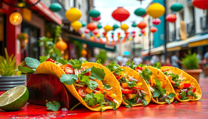 Colorful Tacos Displayed Outdoors in a Vibrant Street Market