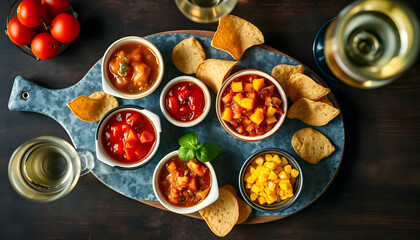 Colorful Variety of Dips and Chips on a Wooden Platter with Tomatoes and Drinks