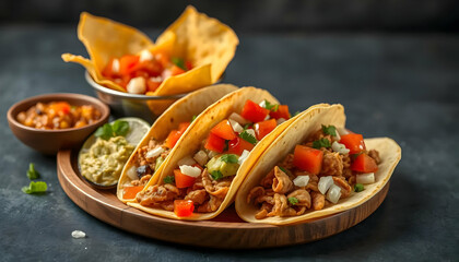 Delicious Chicken Tacos Topped With Fresh Vegetables Served On A Wooden Plate
